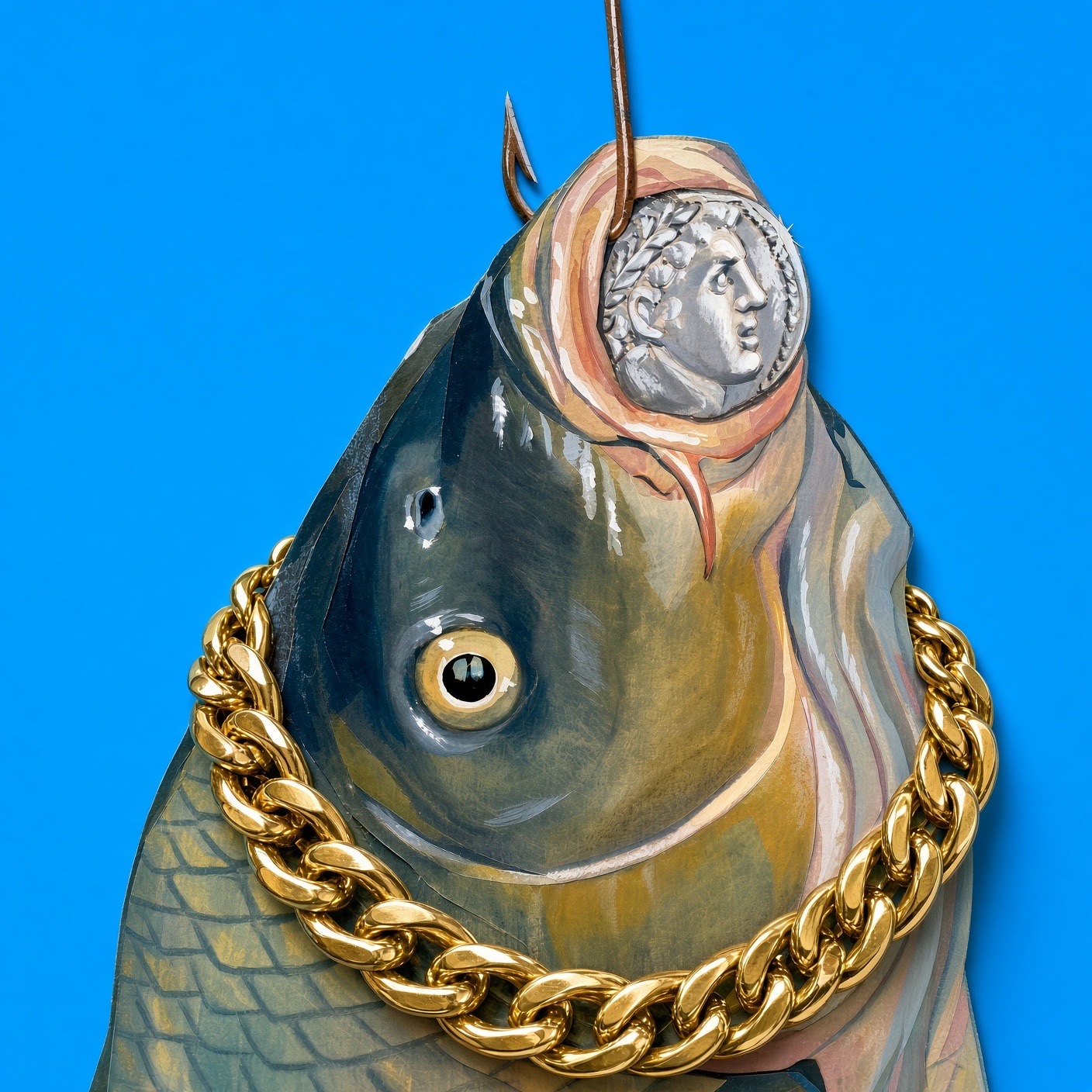 A fish with an ancient coin in its mouth and a gold chain, against vivid Mediterranean blue