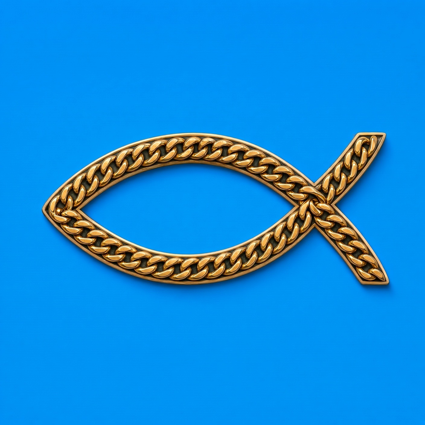 Gold Cuban-link chain formed into an ichthys, the Jesus fish, on vivid blue